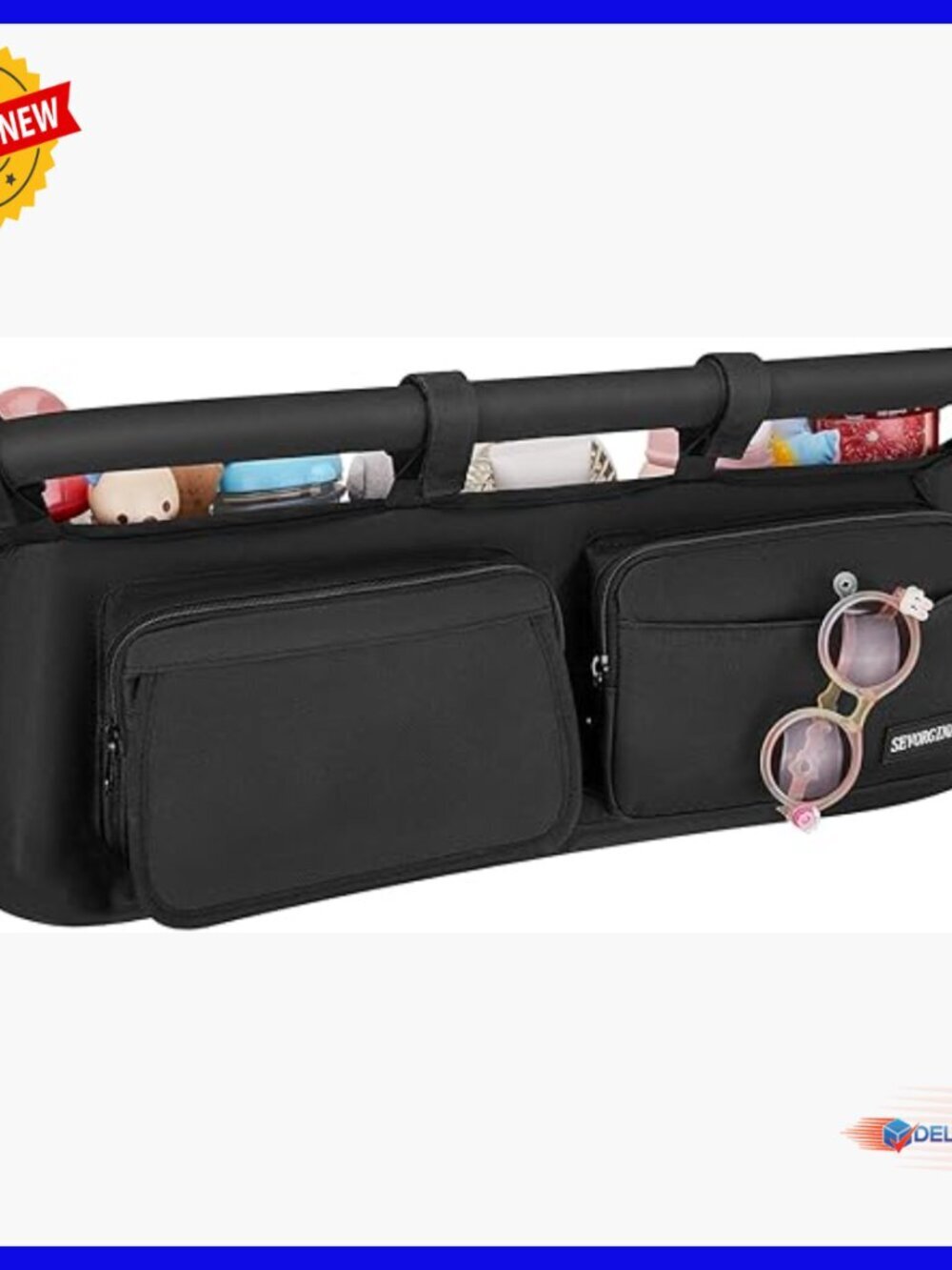 Double Stroller Organizer with 11 Compartments, 2 Insulated Pockets